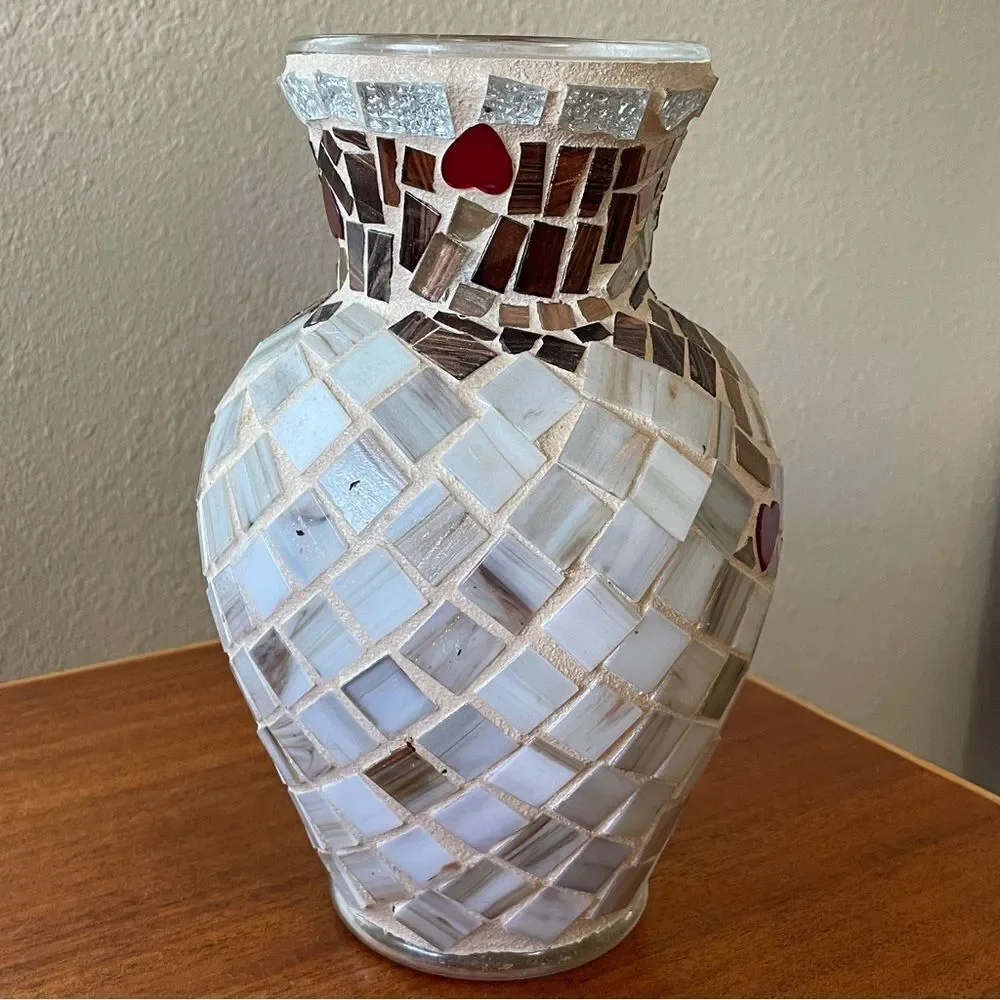 Handmade Mosaic Vase Heart Shaped Design Red Silver Cream